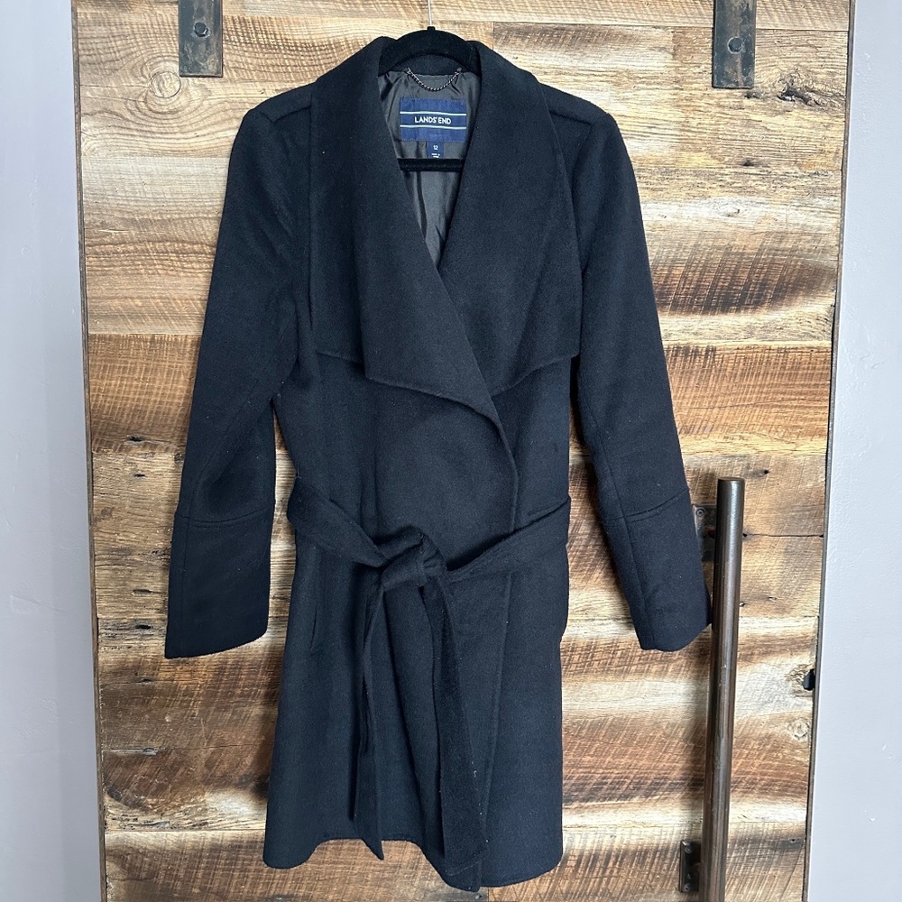 EUC - Lands’ End - Wool Blend Wrap Coat - Black - 12